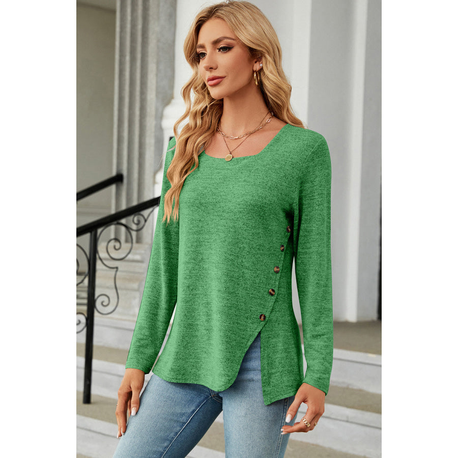 Slit Decorative Button Square Neck T - Shirt Apparel and Accessories