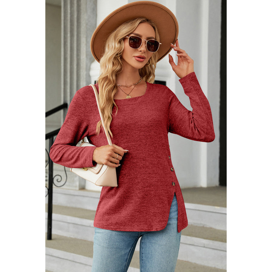 Slit Decorative Button Square Neck T - Shirt Apparel and Accessories