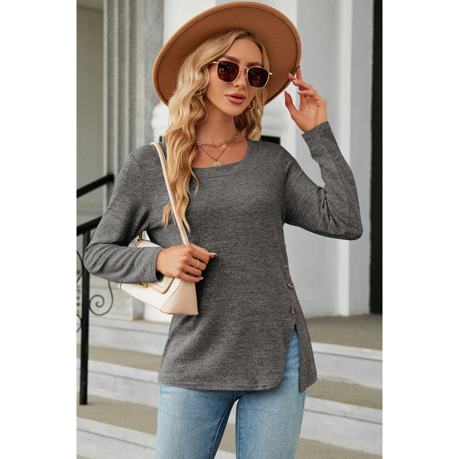 Slit Decorative Button Square Neck T - Shirt Apparel and Accessories