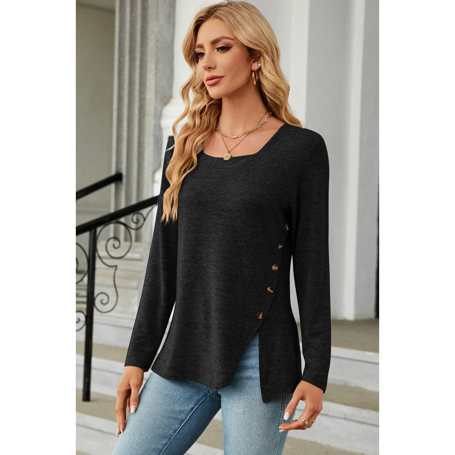 Slit Decorative Button Square Neck T - Shirt Apparel and Accessories