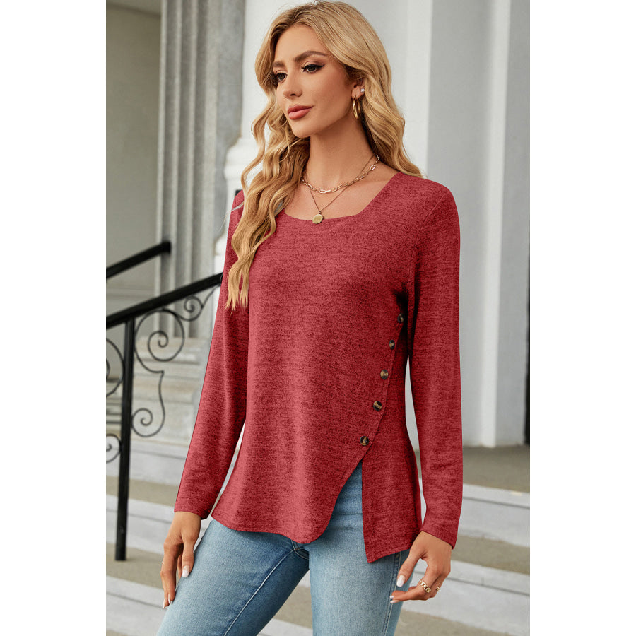 Slit Decorative Button Square Neck T - Shirt Apparel and Accessories