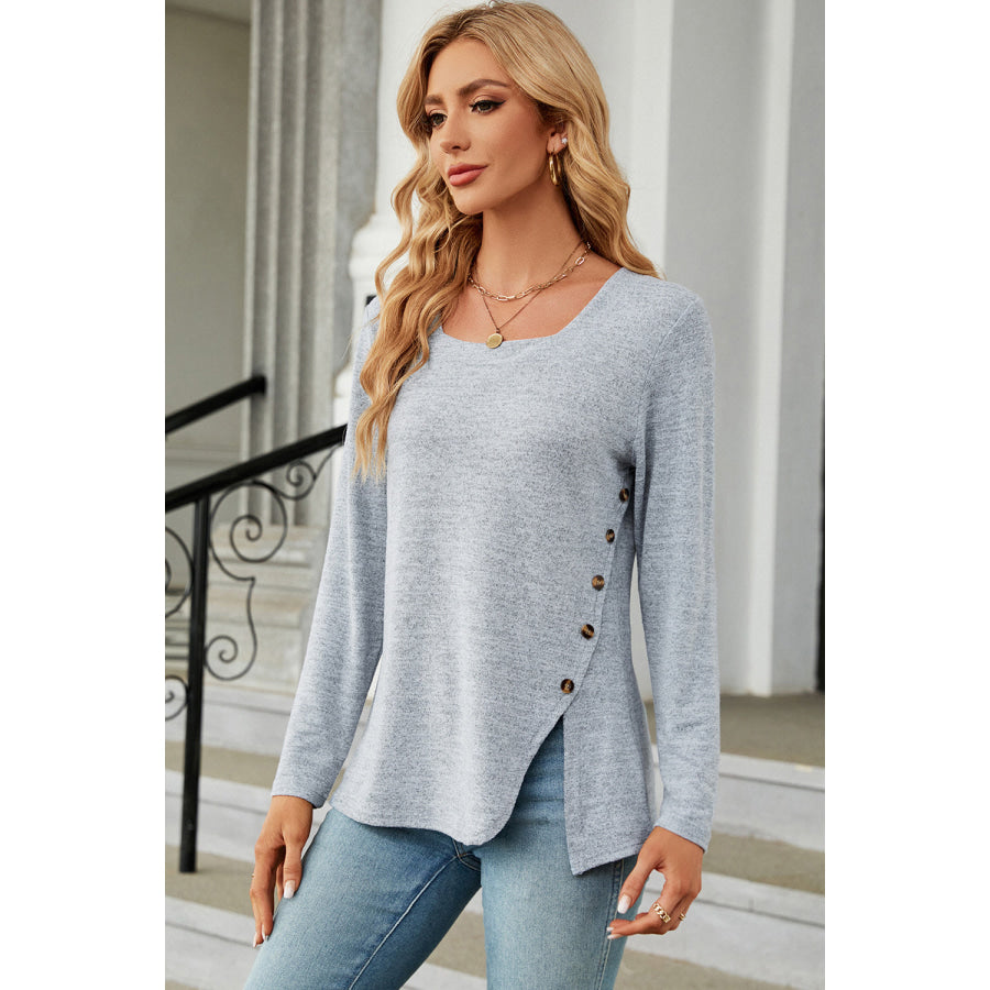 Slit Decorative Button Square Neck T - Shirt Apparel and Accessories