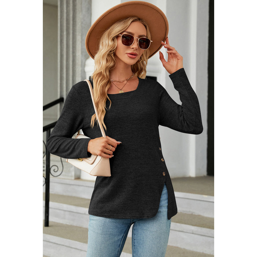 Slit Decorative Button Square Neck T - Shirt Apparel and Accessories