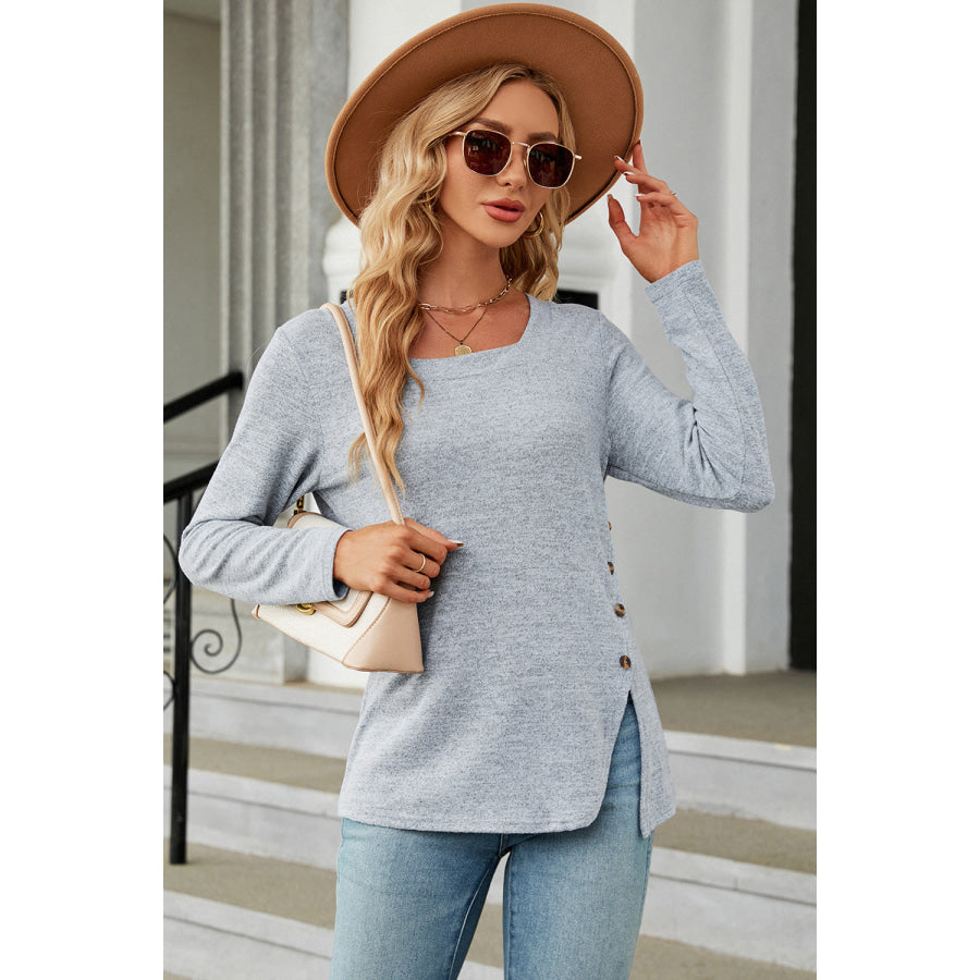 Slit Decorative Button Square Neck T - Shirt Apparel and Accessories