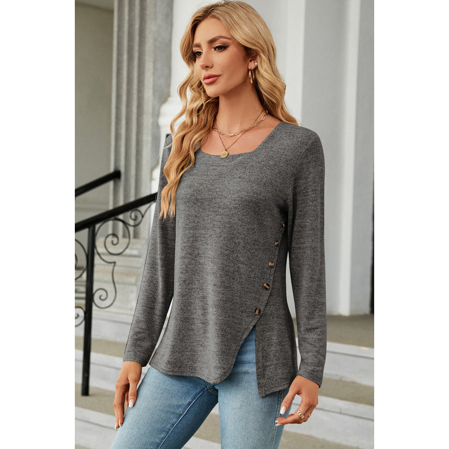 Slit Decorative Button Square Neck T - Shirt Apparel and Accessories