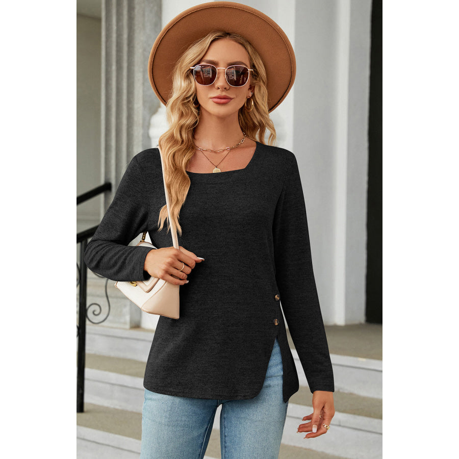 Slit Decorative Button Square Neck T - Shirt Black / S Apparel and Accessories