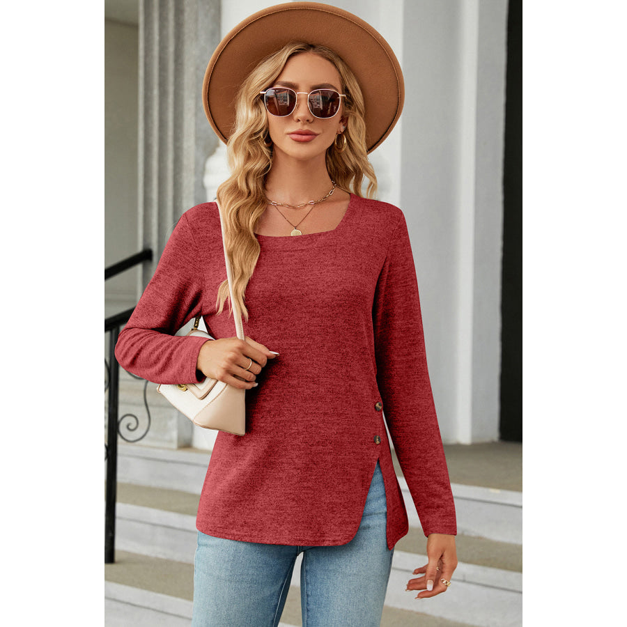 Slit Decorative Button Square Neck T - Shirt Brick Red / S Apparel and Accessories