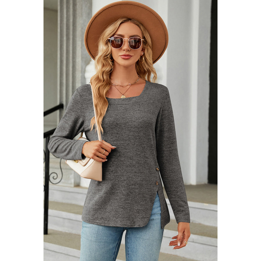 Slit Decorative Button Square Neck T - Shirt Charcoal / S Apparel and Accessories