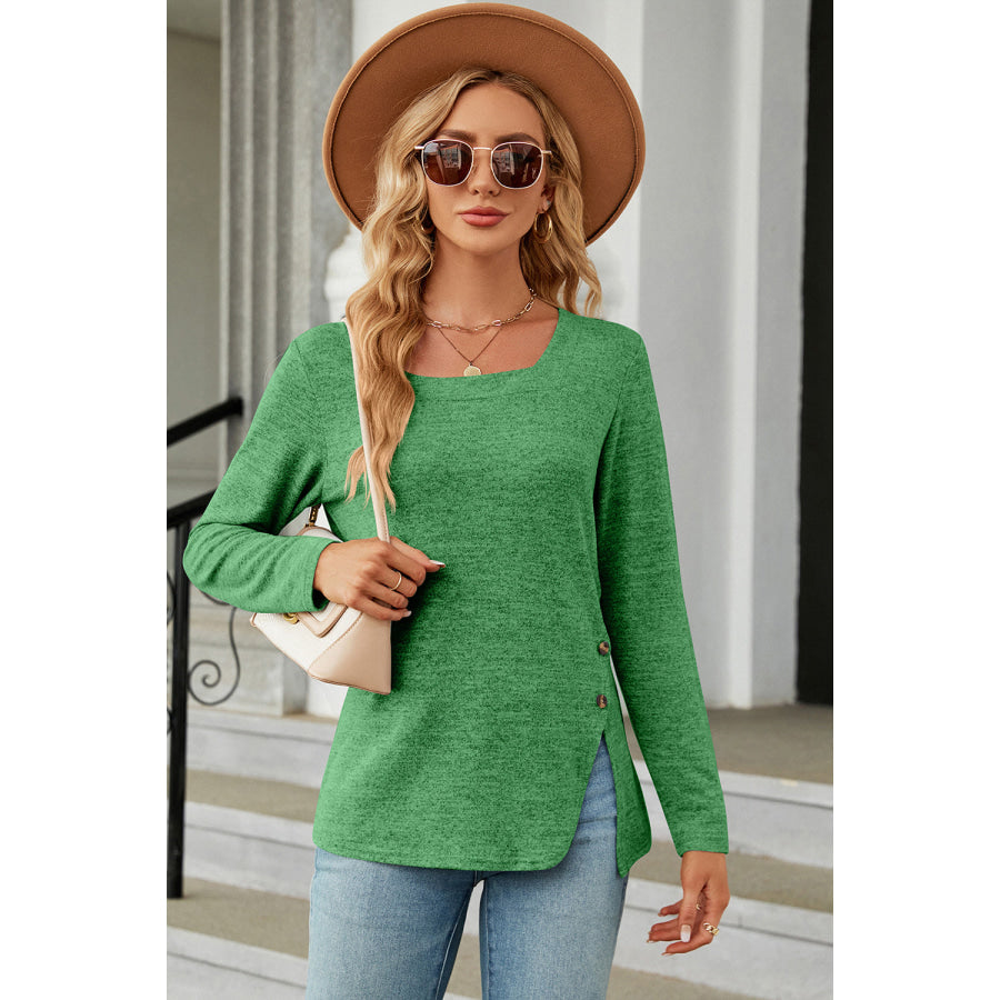 Slit Decorative Button Square Neck T - Shirt Mid Green / S Apparel and Accessories