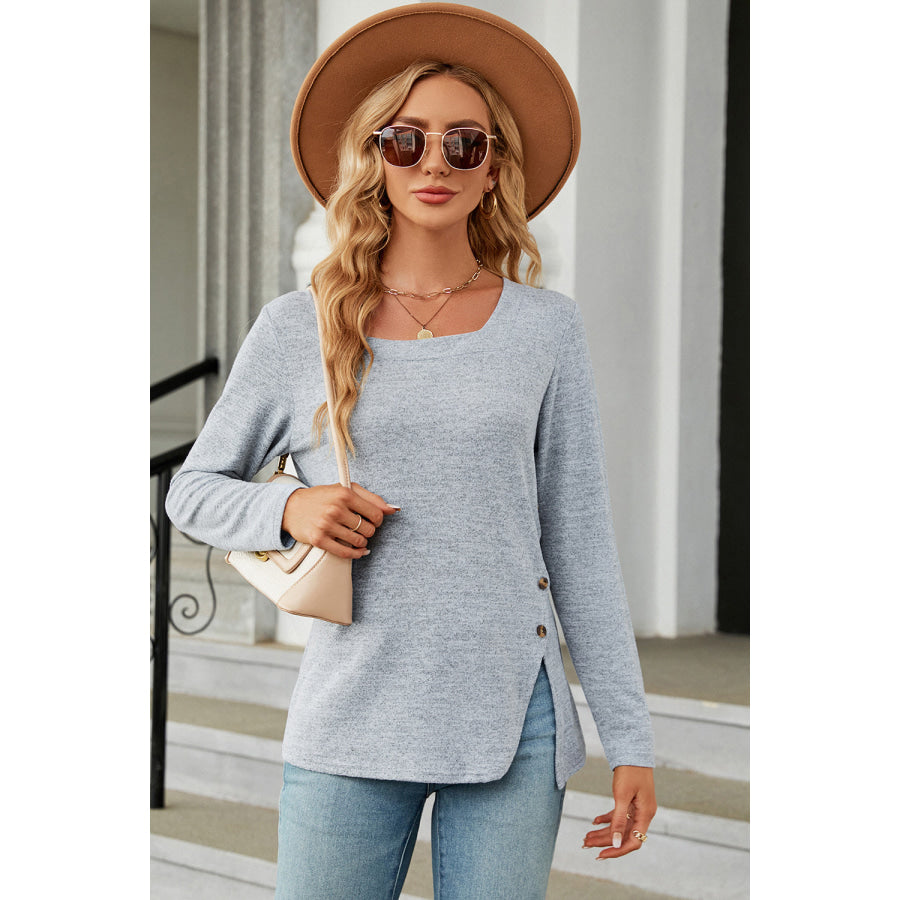 Slit Decorative Button Square Neck T - Shirt Misty Blue / S Apparel and Accessories