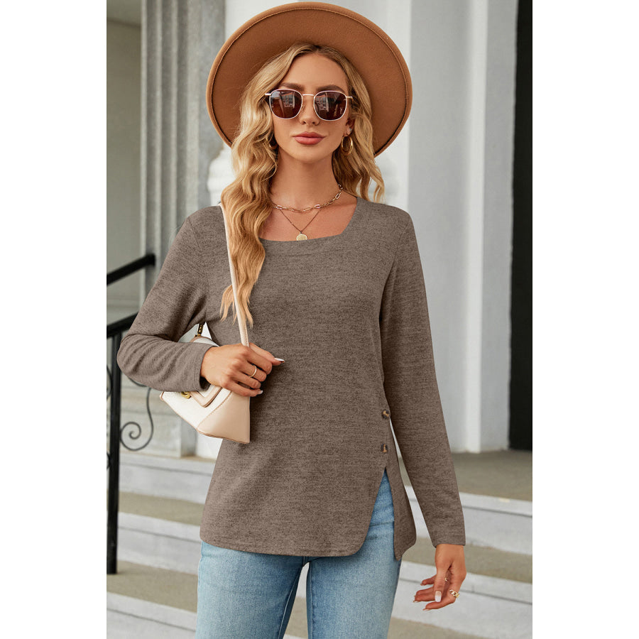 Slit Decorative Button Square Neck T - Shirt Taupe / S Apparel and Accessories