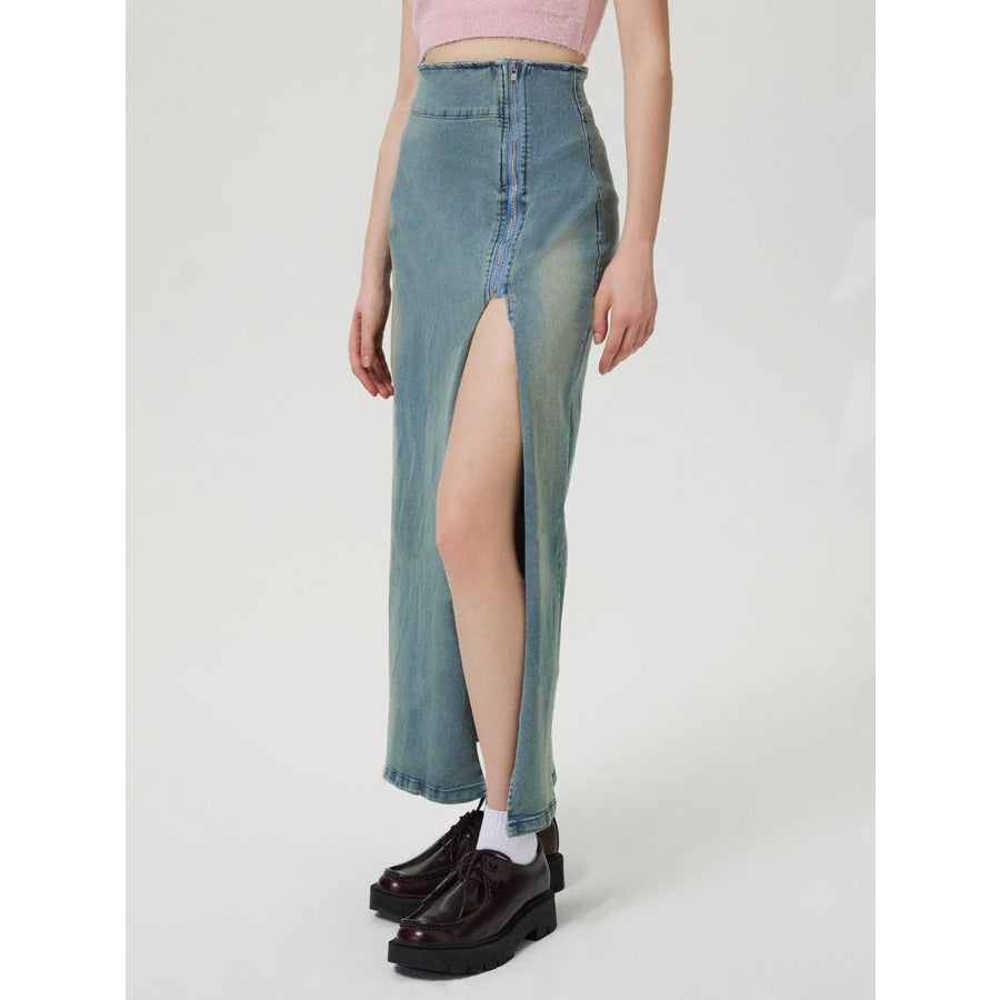 Slit Denim Skirt with Zip Apparel and Accessories