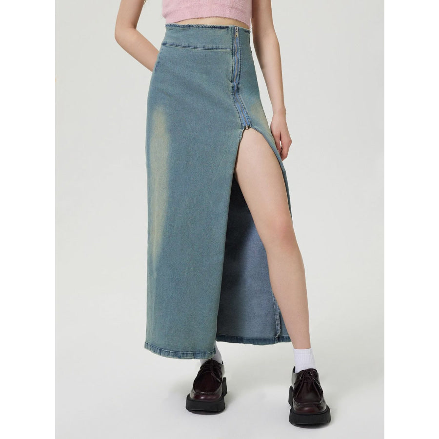 Slit Denim Skirt with Zip Apparel and Accessories