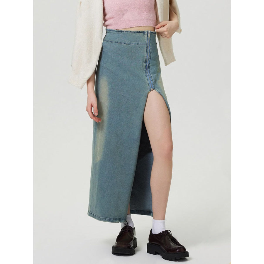 Slit Denim Skirt with Zip Apparel and Accessories