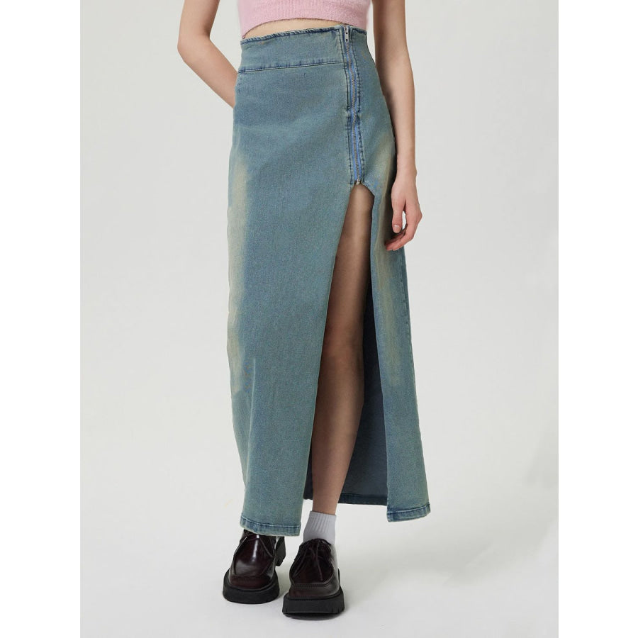 Slit Denim Skirt with Zip Apparel and Accessories