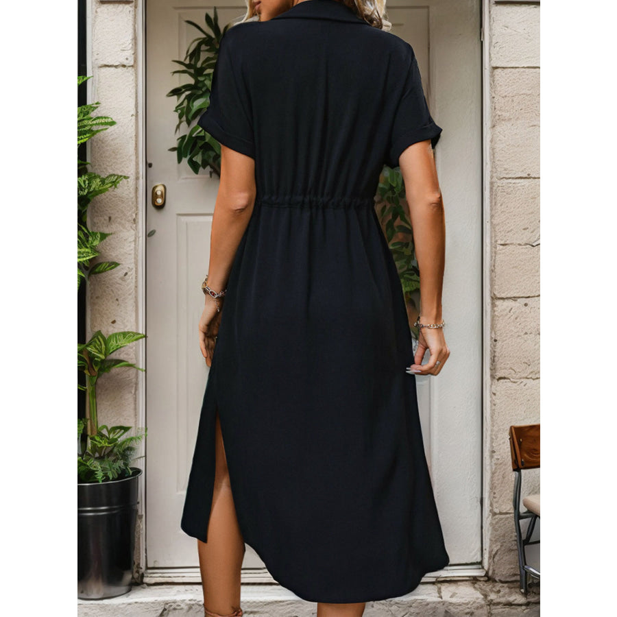 Slit Drawstring Button Up Short Sleeve Midi Dress Black / S Apparel and Accessories