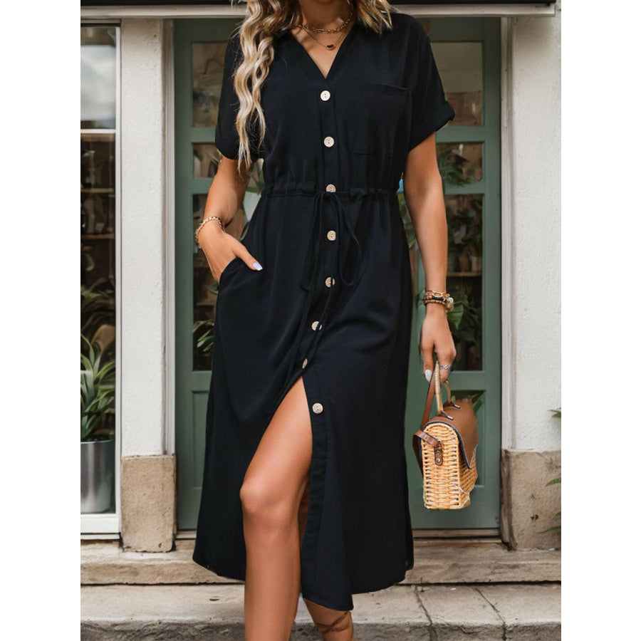 Slit Drawstring Button Up Short Sleeve Midi Dress Apparel and Accessories