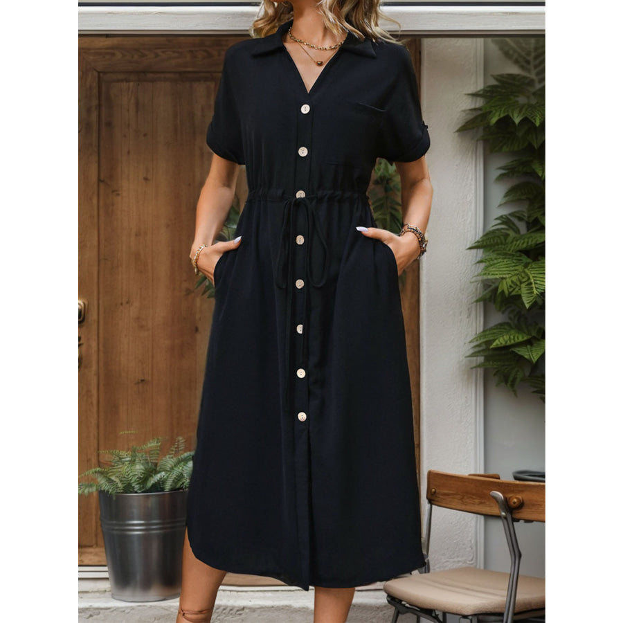 Slit Drawstring Button Up Short Sleeve Midi Dress Black / S Apparel and Accessories