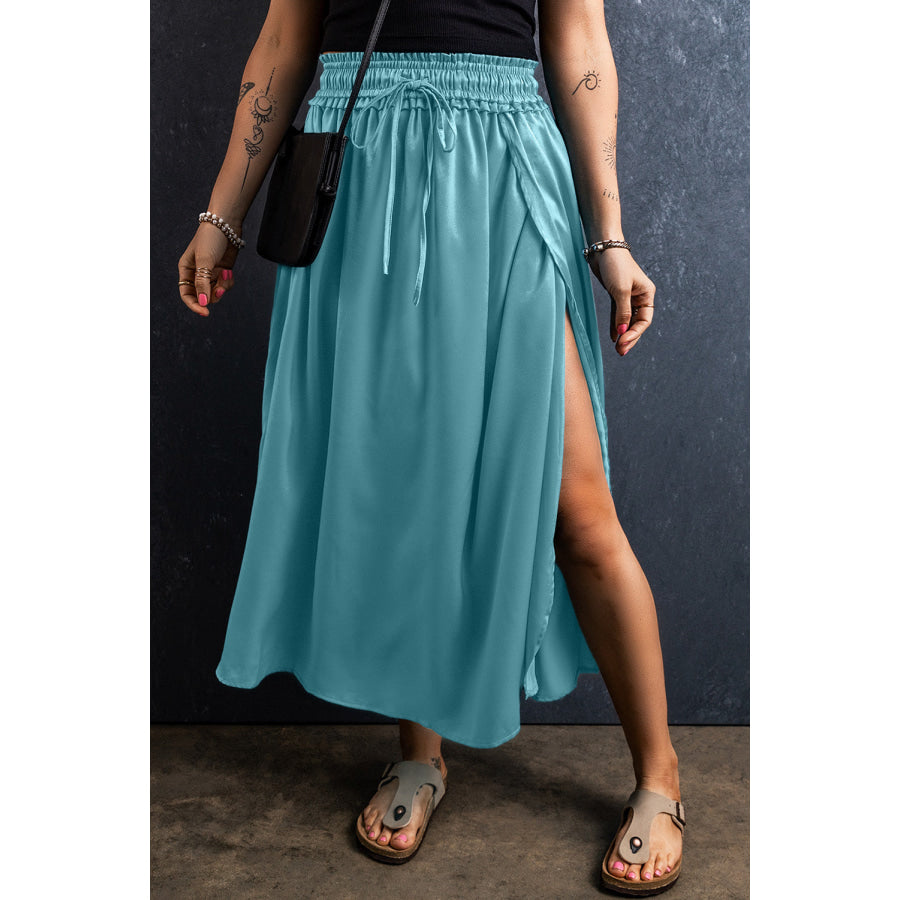 Slit Drawstring Elastic Waist Skirt Teal / S Apparel and Accessories