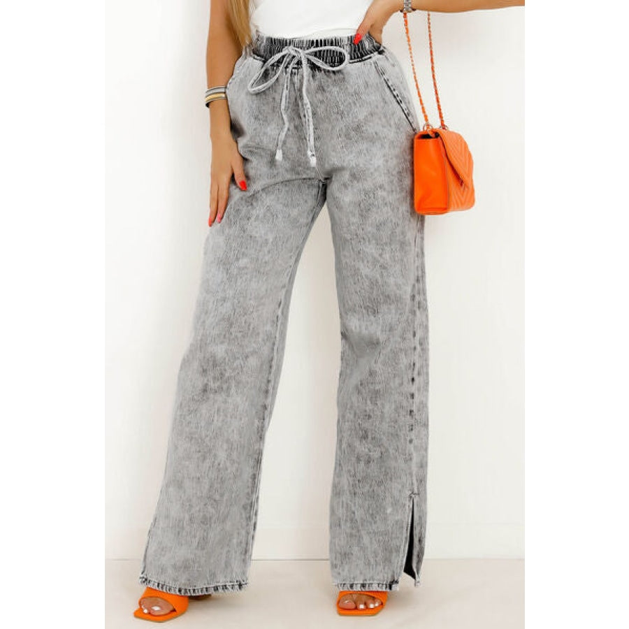 Slit Drawstring Jeans with Pockets Apparel and Accessories