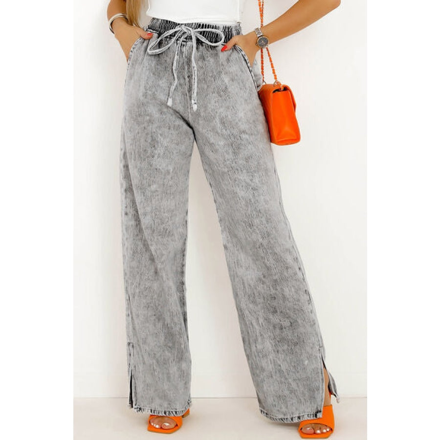 Slit Drawstring Jeans with Pockets Charcoal / S Apparel and Accessories