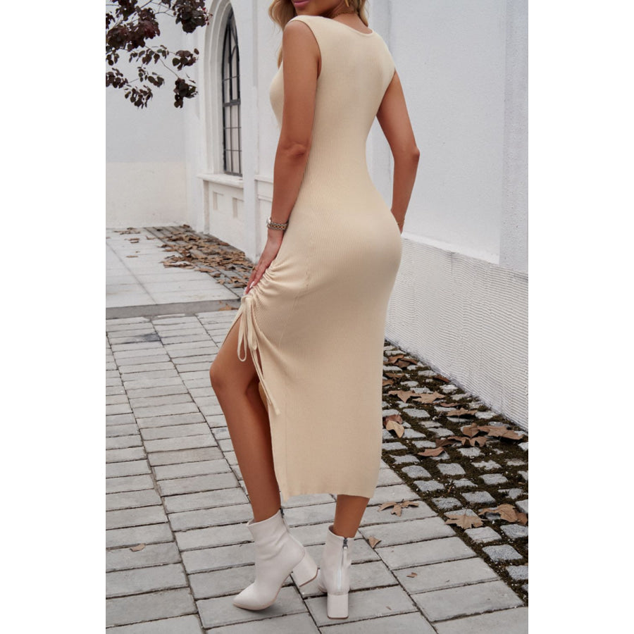 Slit Drawstring Round Neck Sleeveless Midi Dress Apparel and Accessories