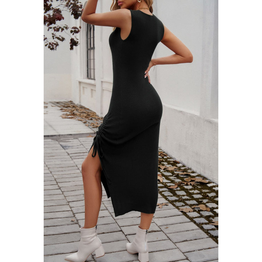 Slit Drawstring Round Neck Sleeveless Midi Dress Apparel and Accessories