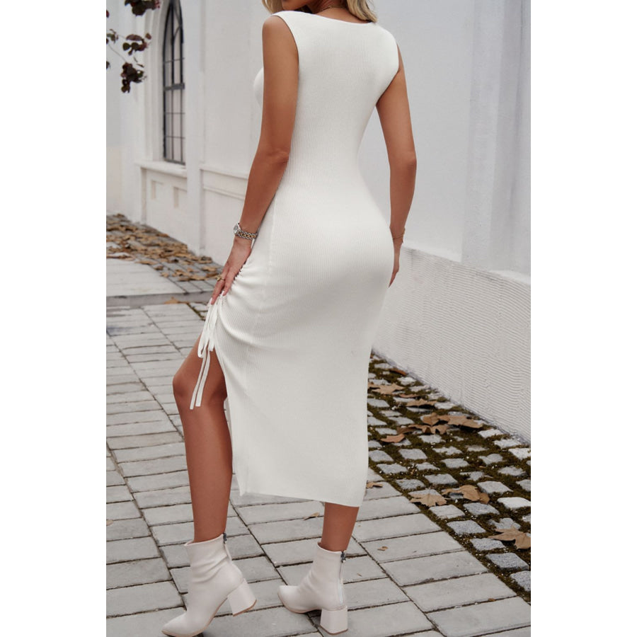 Slit Drawstring Round Neck Sleeveless Midi Dress Apparel and Accessories