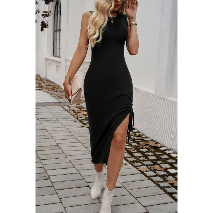 Slit Drawstring Round Neck Sleeveless Midi Dress Apparel and Accessories