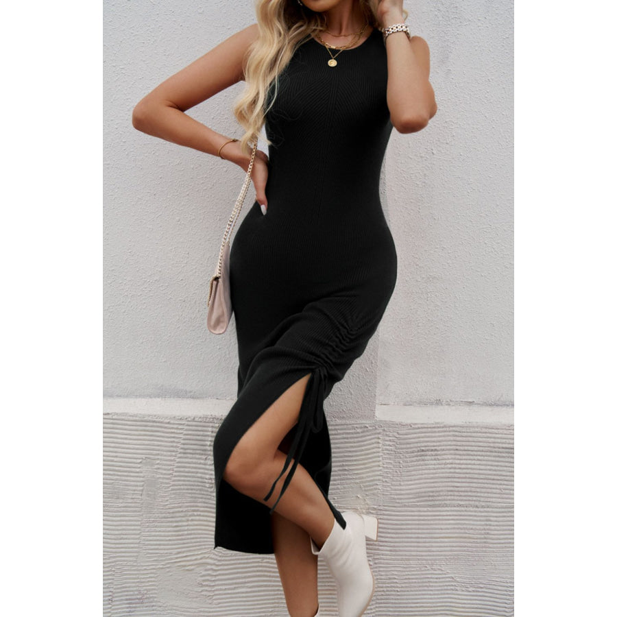 Slit Drawstring Round Neck Sleeveless Midi Dress Black / S Apparel and Accessories