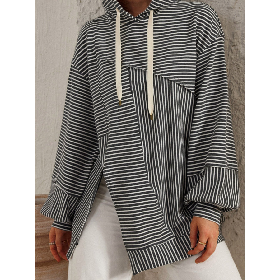 Slit Drawstring Striped Long Sleeve Hoodie Apparel and Accessories