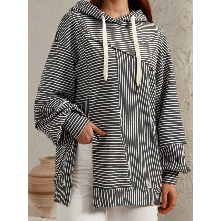 Slit Drawstring Striped Long Sleeve Hoodie Black / S Apparel and Accessories