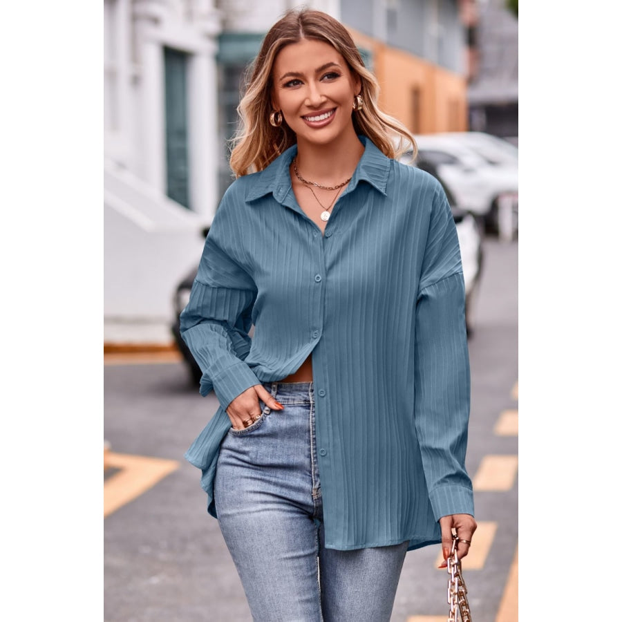 Slit Dropped Shoulder Longline Shirt Sky Blue / S