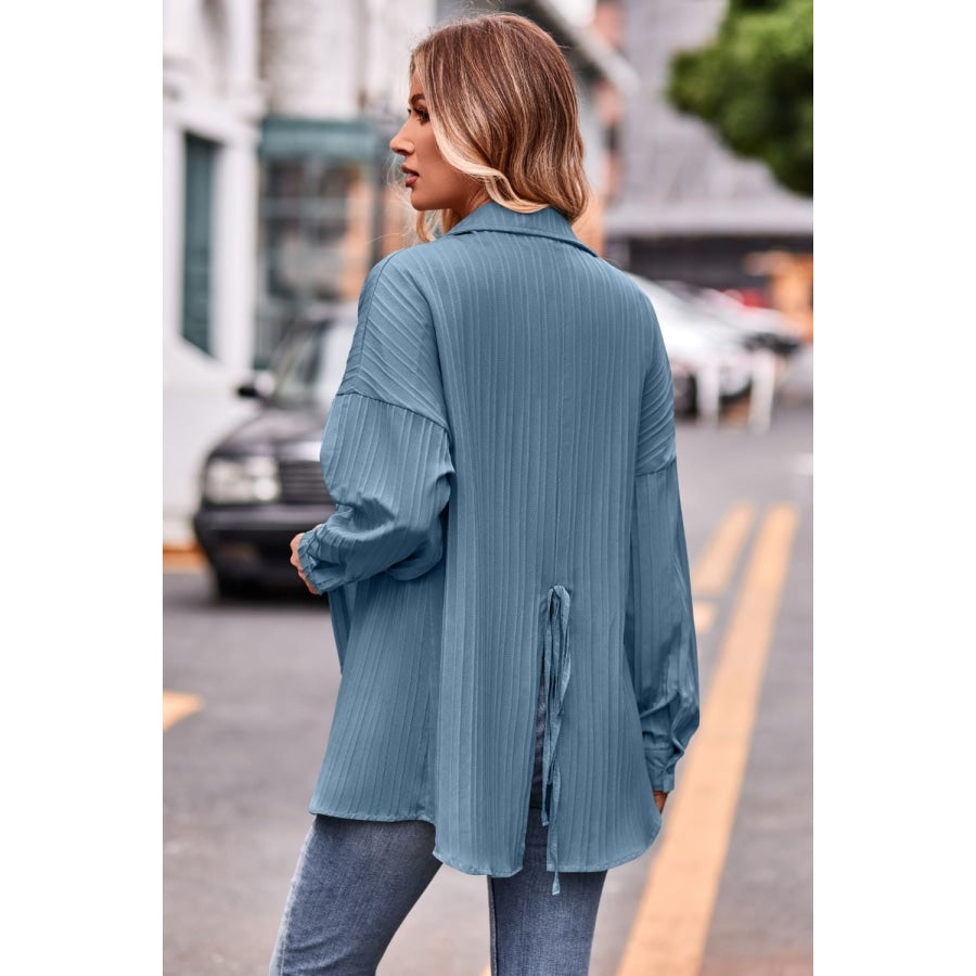 Slit Dropped Shoulder Longline Shirt Sky Blue / S