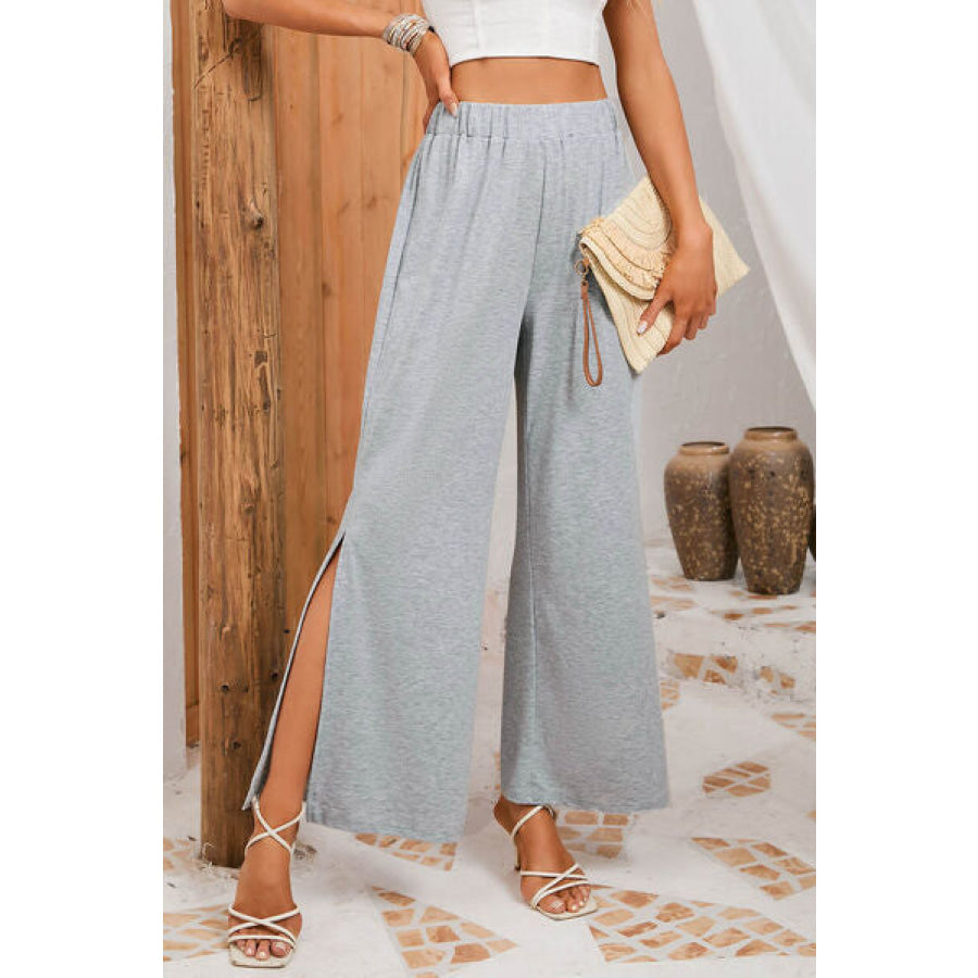 Slit Elastic Waist Pants Heather Gray / S Apparel and Accessories