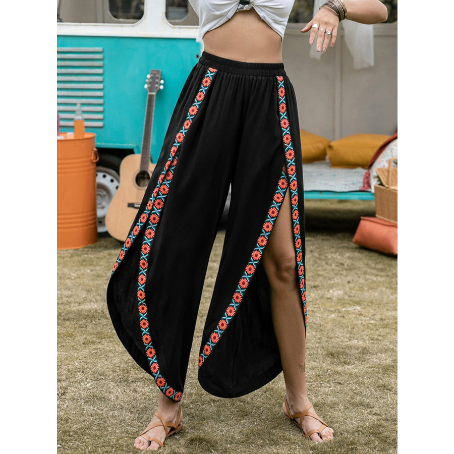 Slit Elastic Waist Wide Leg Pants Black / S Apparel and Accessories