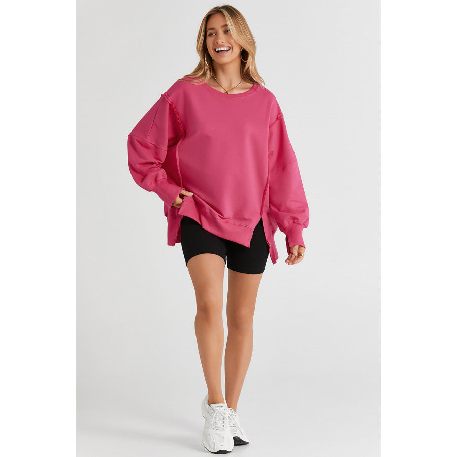 Slit Exposed Seam Round Neck Sweatshirt Apparel and Accessories