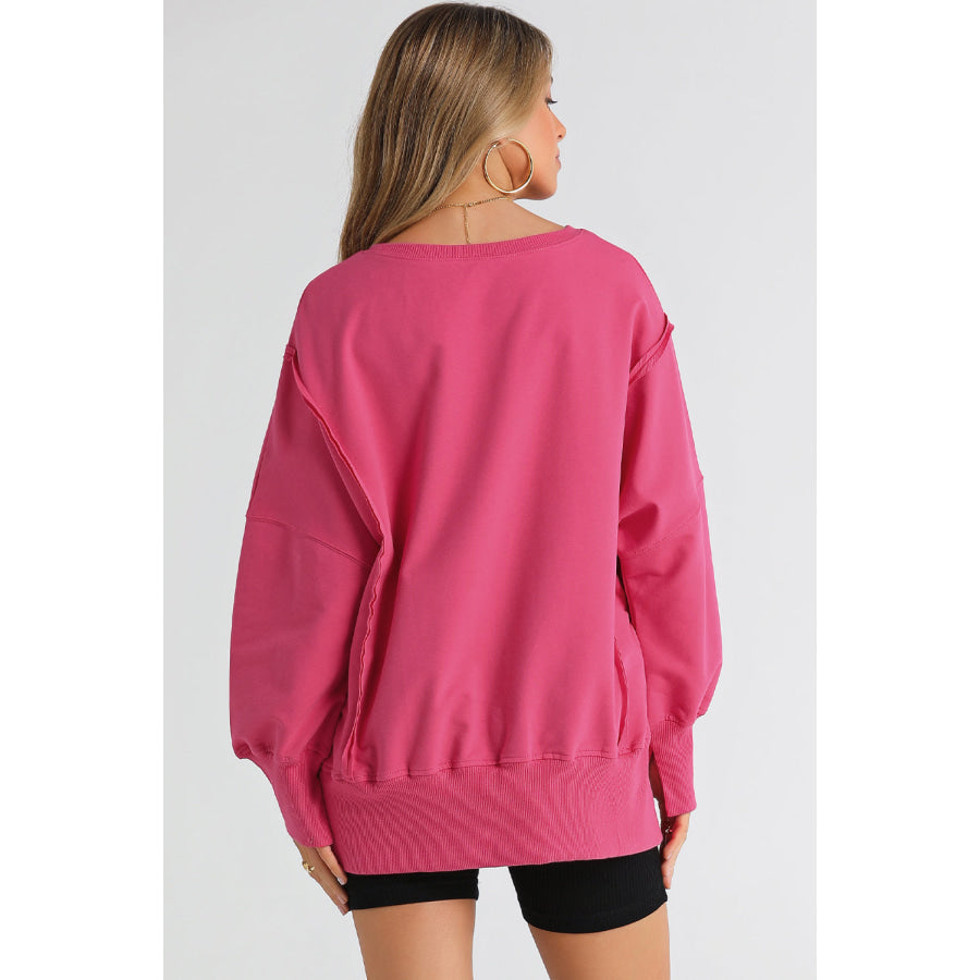 Slit Exposed Seam Round Neck Sweatshirt Apparel and Accessories