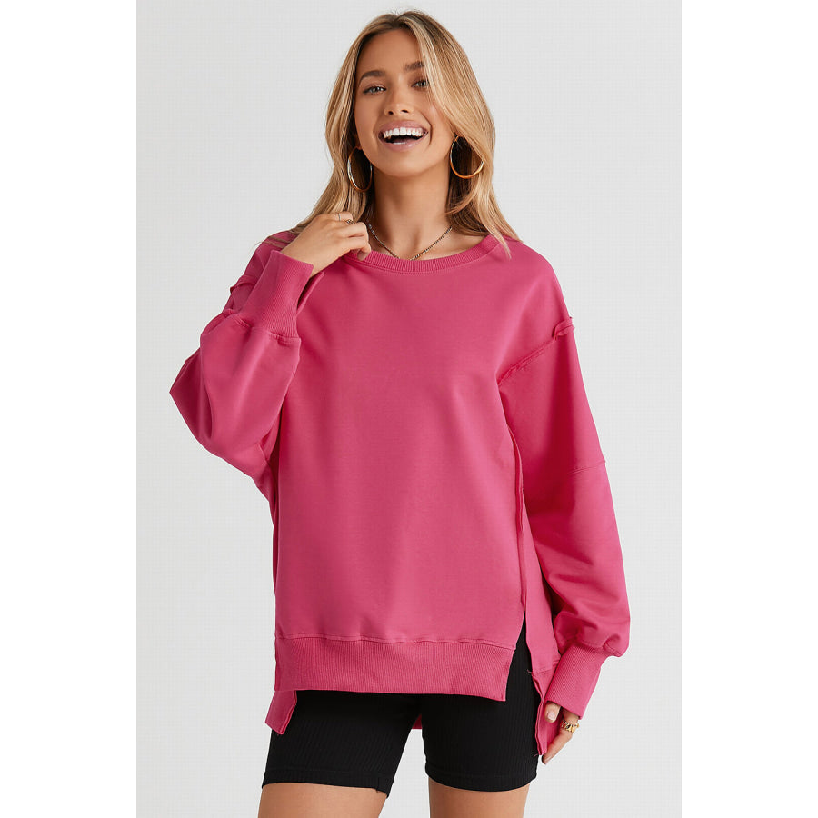 Slit Exposed Seam Round Neck Sweatshirt Apparel and Accessories