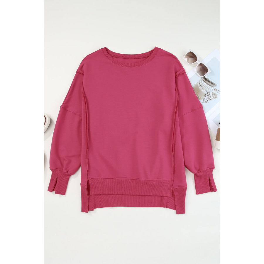 Slit Exposed Seam Round Neck Sweatshirt Apparel and Accessories