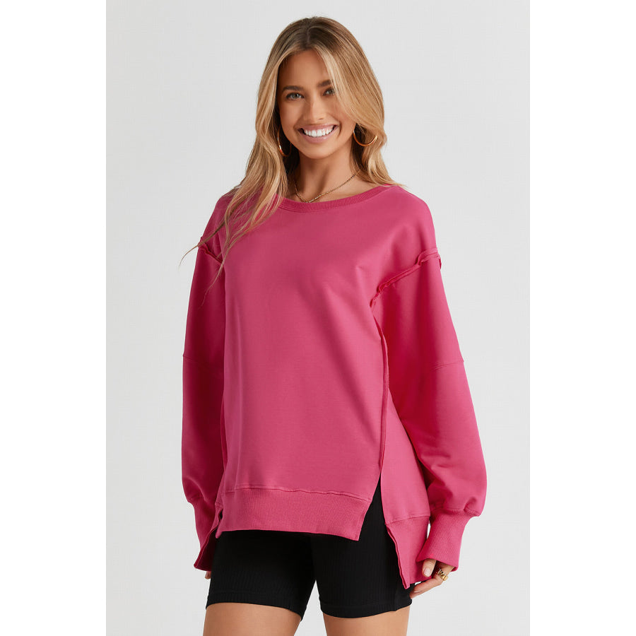 Slit Exposed Seam Round Neck Sweatshirt Deep Rose / S Apparel and Accessories