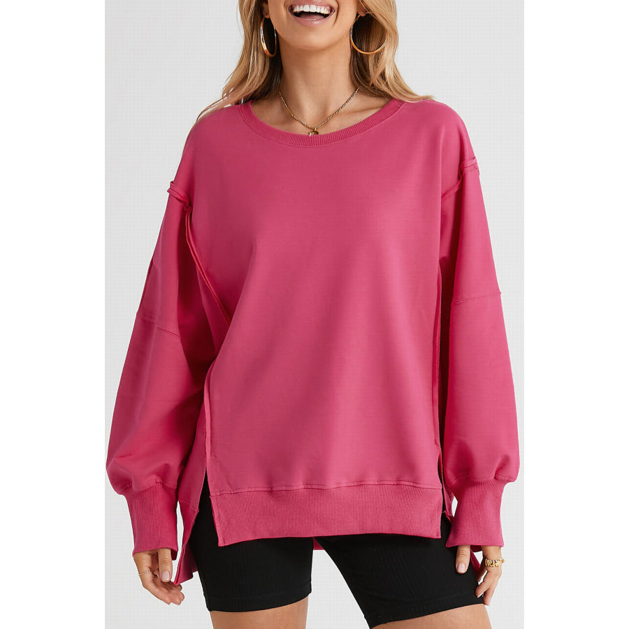 Slit Exposed Seam Round Neck Sweatshirt Deep Rose / S Apparel and Accessories