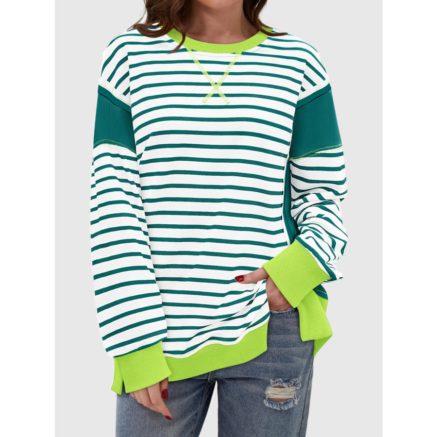 Slit Exposed Seam Striped Long Sleeve Sweatshirt Apparel and Accessories