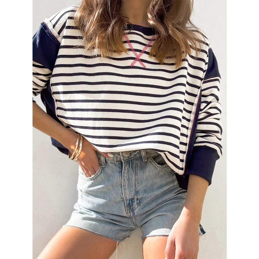 Slit Exposed Seam Striped Long Sleeve Sweatshirt Apparel and Accessories