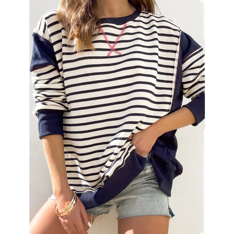 Slit Exposed Seam Striped Long Sleeve Sweatshirt Apparel and Accessories