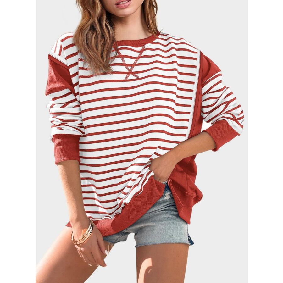 Slit Exposed Seam Striped Long Sleeve Sweatshirt Apparel and Accessories