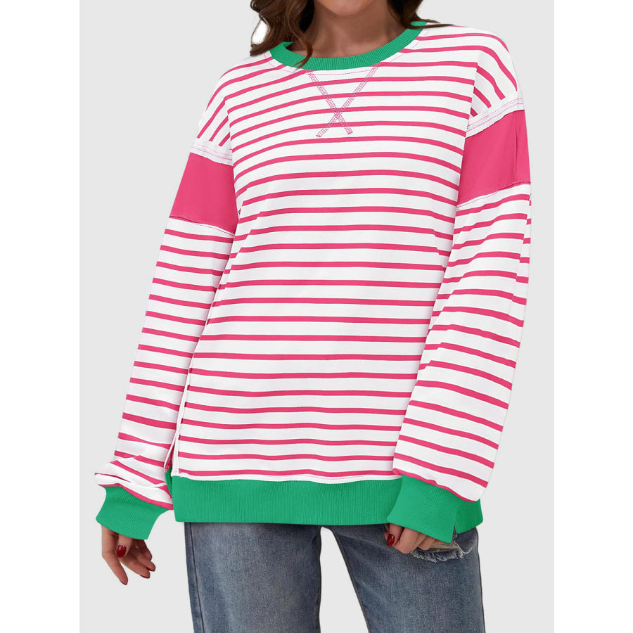 Slit Exposed Seam Striped Long Sleeve Sweatshirt Apparel and Accessories