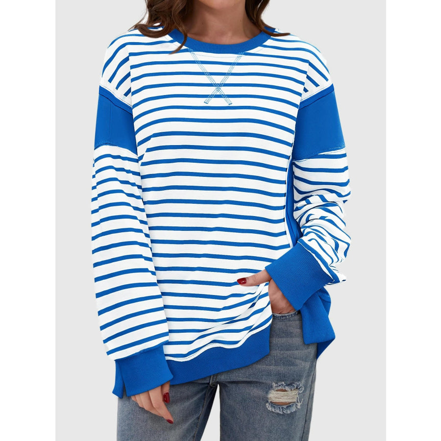 Slit Exposed Seam Striped Long Sleeve Sweatshirt Apparel and Accessories