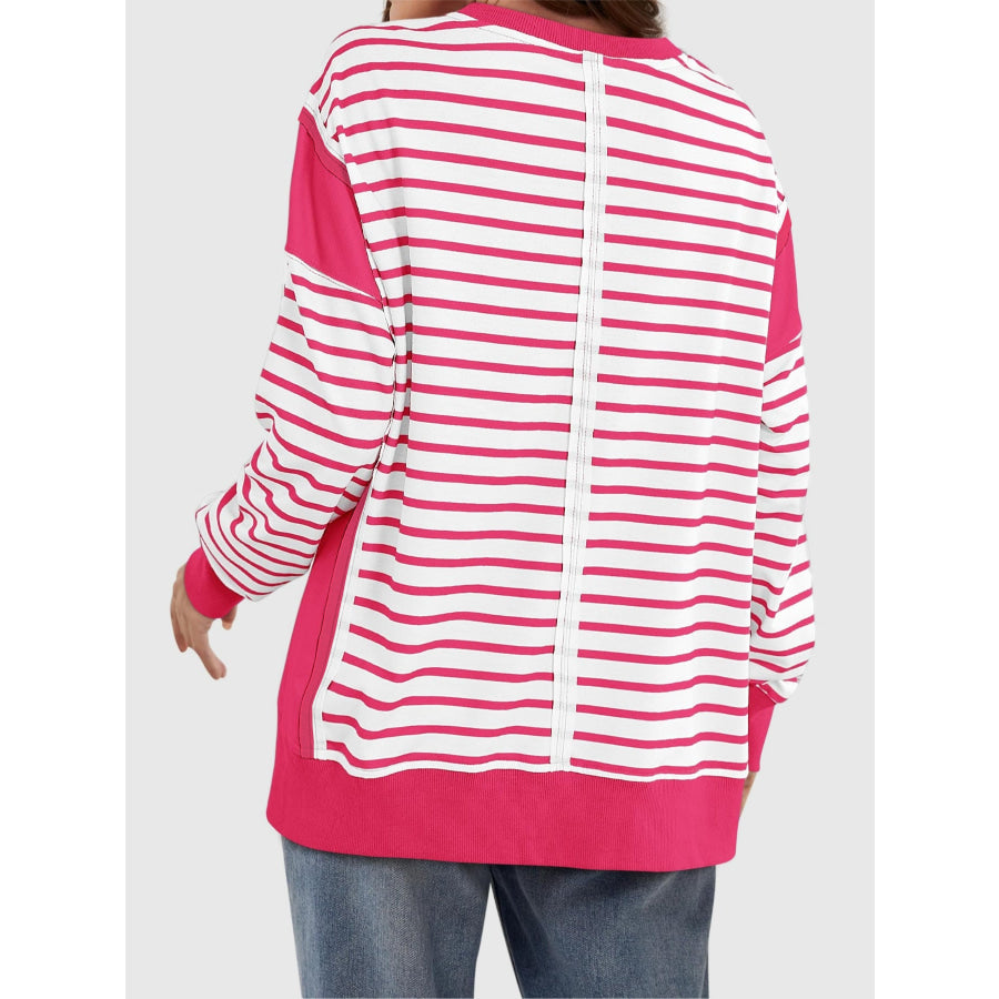 Slit Exposed Seam Striped Long Sleeve Sweatshirt Apparel and Accessories