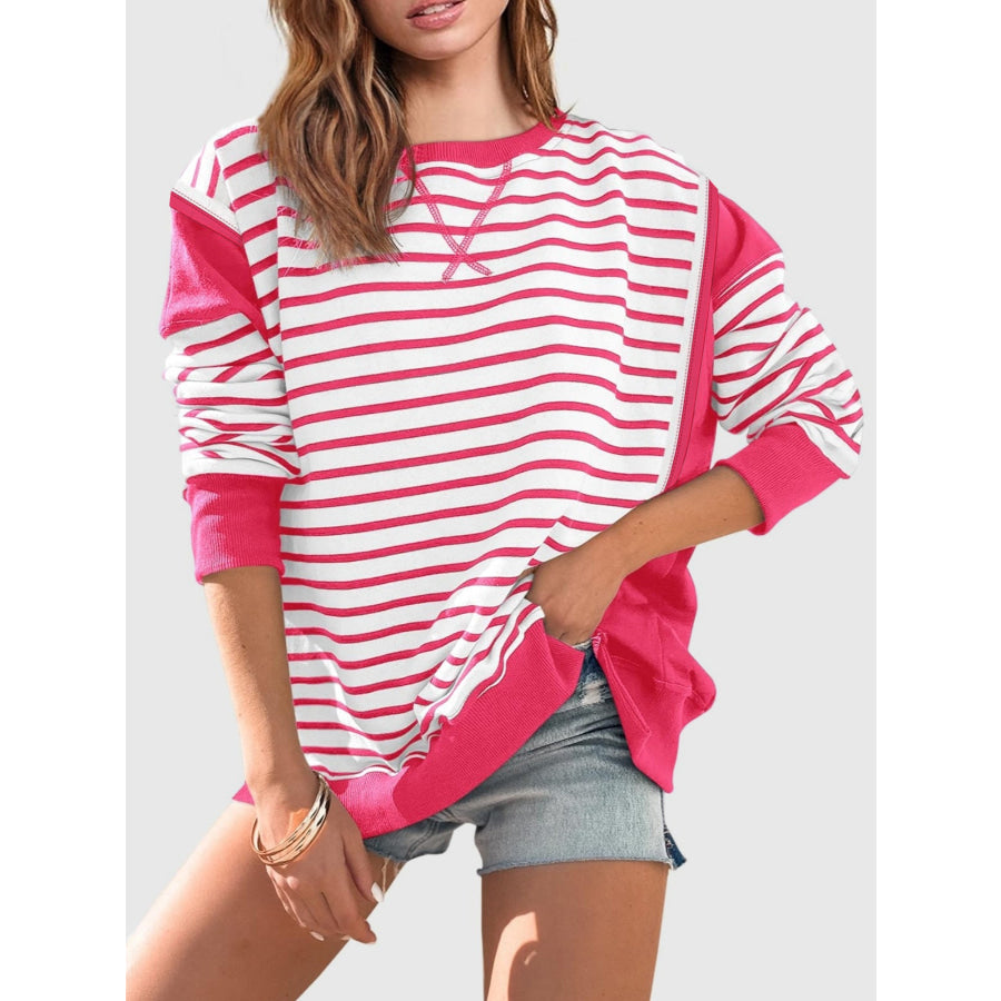 Slit Exposed Seam Striped Long Sleeve Sweatshirt Apparel and Accessories